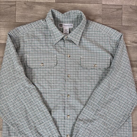 LL Bean Traveler Check Lightweight Button Front Shirt Green Gray sz Large Tall - Picture 2 of 6